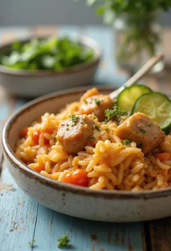 Riso con carne preparato riccamente con carne di maiale succosa e verdure.