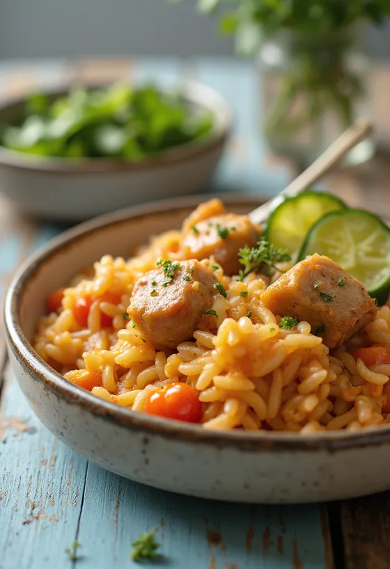 Riso con carne preparato riccamente con carne di maiale succosa e verdure.