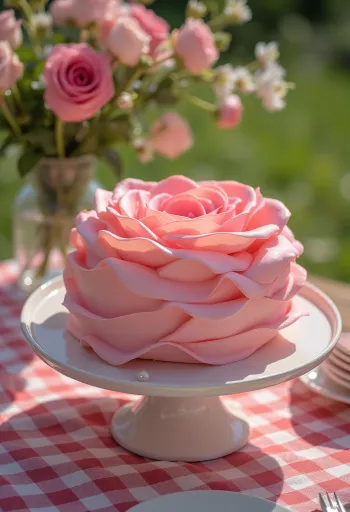 Torta a forma di rosa con decorazioni in pasta di zucchero rosa e verde