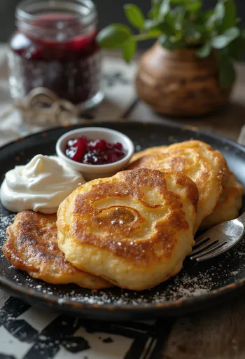 Frittelle ceche servite con zucchero a velo e marmellata