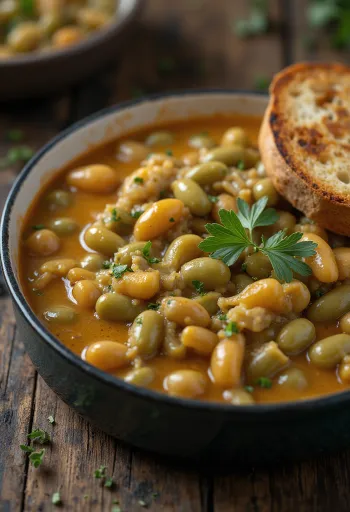 Stufato di fagiolini in salsa densa alla panna acida, cosparso di aneto fresco