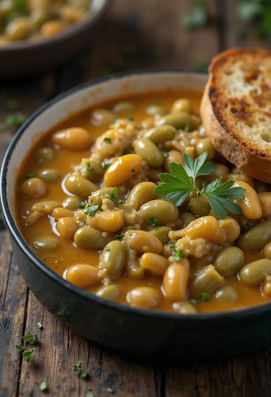 Stufato di fagiolini in salsa densa alla panna acida, cosparso di aneto fresco