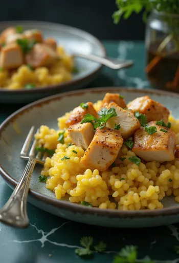 Couscous classico al pollo, servito con ricche spezie e coriandolo fresco
