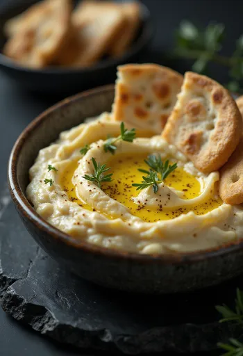 Crema di melanzane con pane pita e prezzemolo fresco