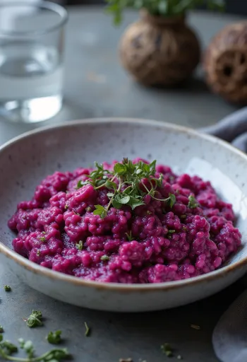 Risotto vegano alla barbabietola servito