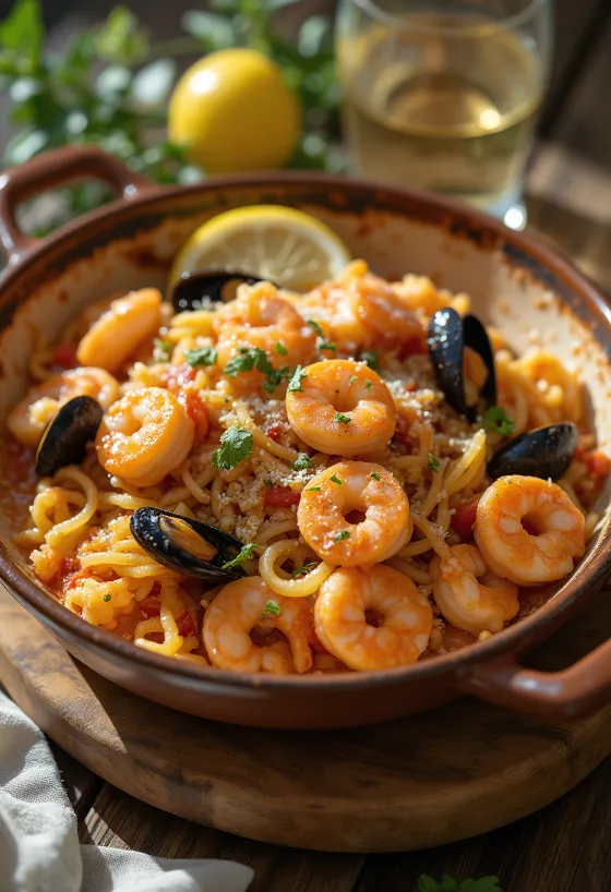 Caldeirada de marisco con cozze, gamberi e verdure, servita in pentola