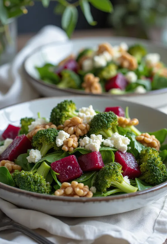 Insalata di broccoli e barbabietola con condimento alle noci