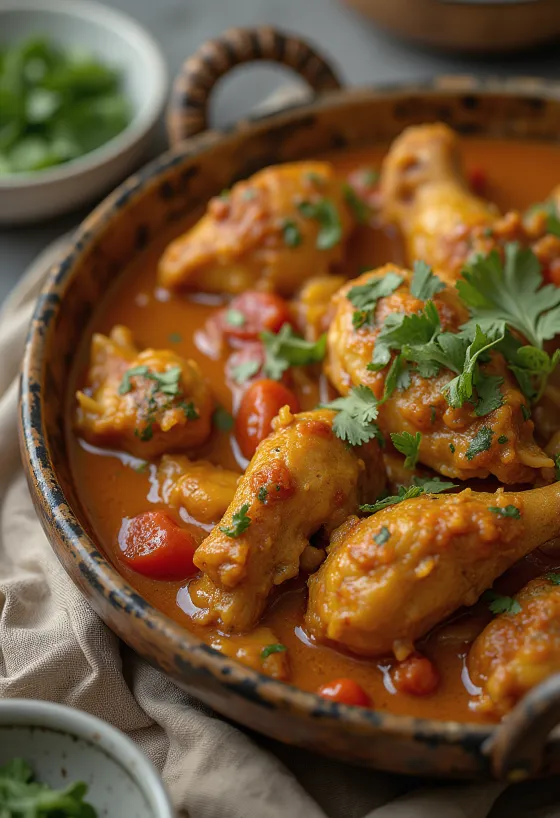 Balti Curry di pollo servito con pane naan e riso basmati.