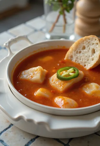Zuppa di pesce di carpa fresca, servita con sugo alla paprika rossa e peperoncino piccante