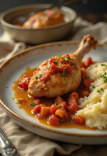 Cosce di pollo con peperonata e purè, servite con prezzemolo fresco