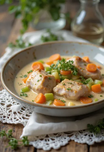 Fricassea di coniglio servita con salsa cremosa e guarnita con prezzemolo fresco