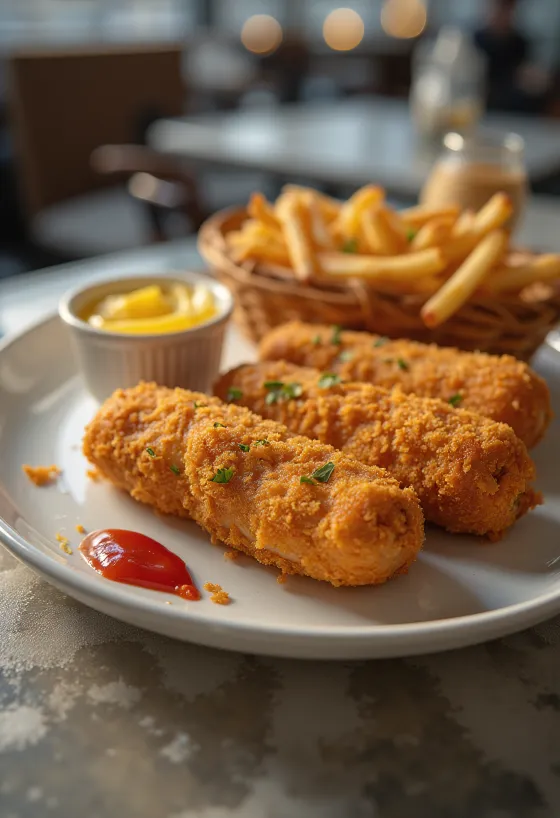 Wurstel fritti dorati, serviti in crosta croccante con senape fresca e ketchup.