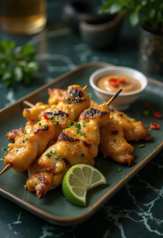 Spiedini di pollo dorati con salsa di arachidi densa