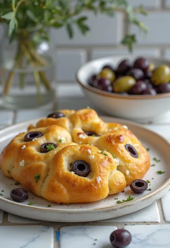 Tiganopsomo con feta e olive, servito con pane fresco e feta croccante.