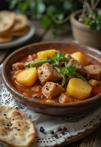 Caldillo con patate fumante, zuppa spagnola ricca di pezzi di carne