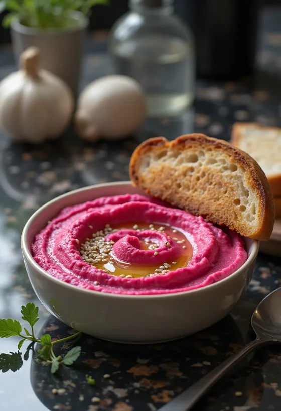 Hummus di barbabietola servito con crostini