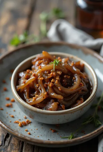 Salsa di cipolle caramellate al peperoncino in una ciotola, decorata con peperoncino fresco.