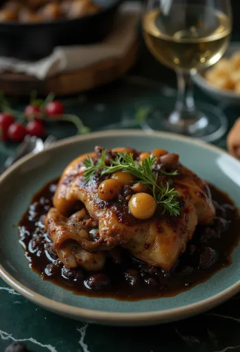 Coq au Vin servito con prezzemolo fresco e pane