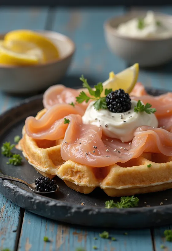 Waffle al salmone affumicato e caviale servito
