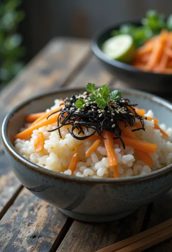 Riso con hijiki prebiotico, servito con semi di sesamo e coriandolo