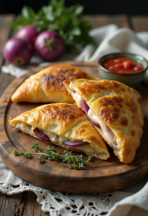 Calzone con cipolla rossa e formaggio appena sfornato