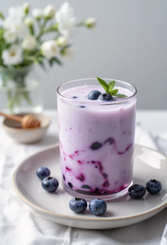 Kefir probiotico ai mirtilli decorato con mirtilli freschi