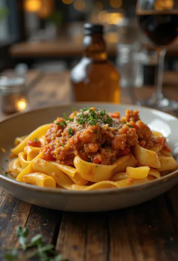 Ragù di coniglio servito con pappardelle e guarnito con rosmarino fresco