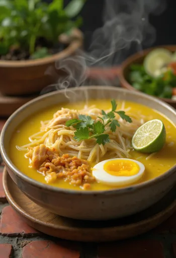 Soto ayam con coriandolo, zuppa di pollo indonesiana, con latte di cocco e spezie fresche