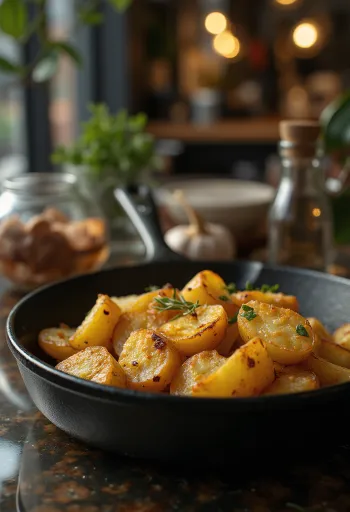 Patate al forno dorate e croccanti con erbe aromatiche fresche.