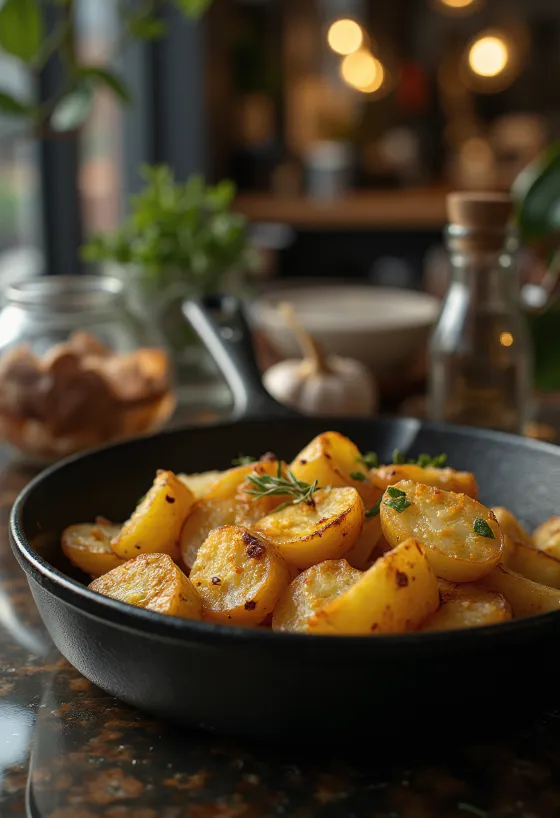 Patate al forno dorate e croccanti con erbe aromatiche fresche.