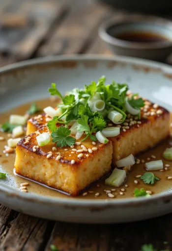 Bistecca di tofu al sesamo decorata con coriandolo fresco