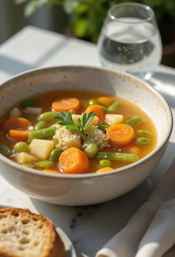 Caldillo di verdure servito in una ciotola con prezzemolo fresco