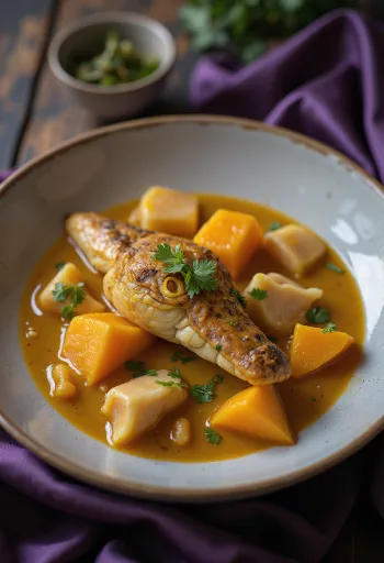 Curry di coccodrillo e zucca servito in una ciotola con coriandolo fresco.
