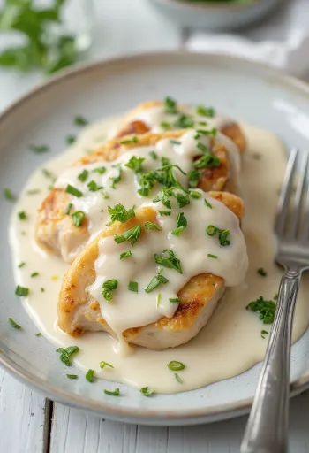 Petto di pollo succoso in salsa alla panna, cosparso di prezzemolo fresco e servito con pasta.