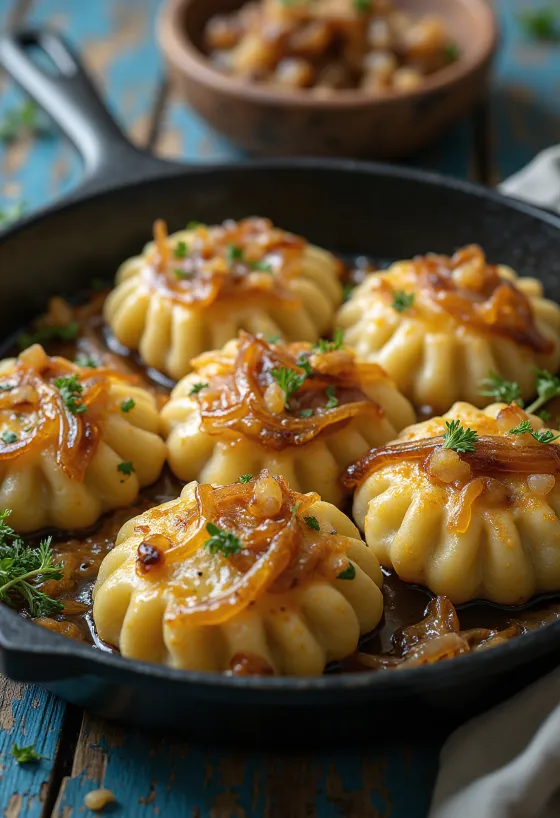 Dödölle croccanti serviti con panna acida e cipolla rosolata