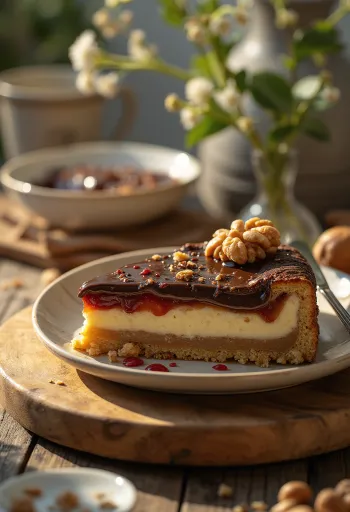 Torta Linzer alle castagne decorata con cioccolato e confettura