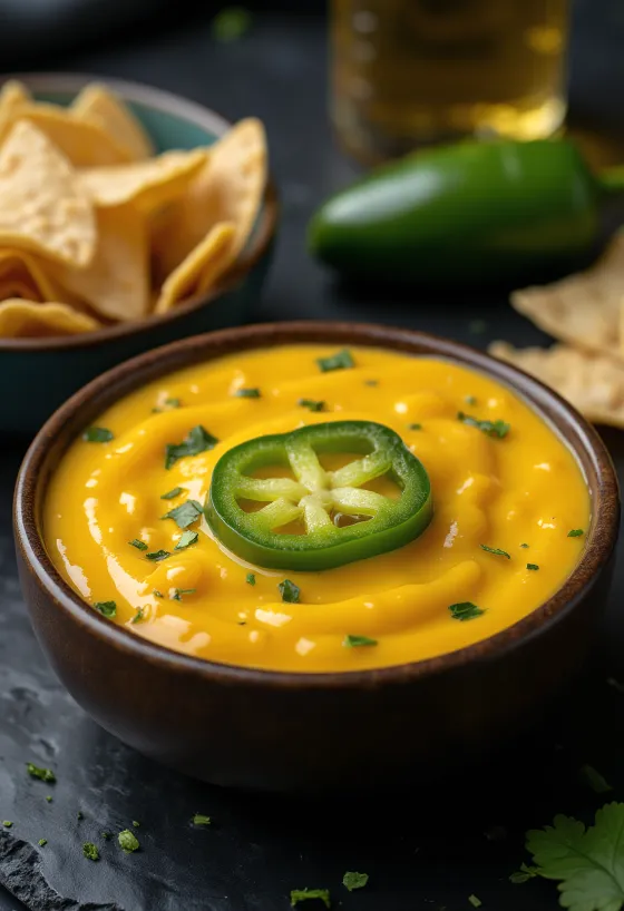 Salsa al formaggio Cheddar e Jalapeño servita