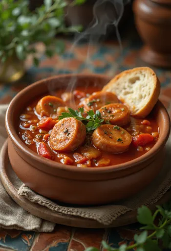 Lecsó con salsiccia servito con peperoni freschi, pomodori e salsiccia affumicata