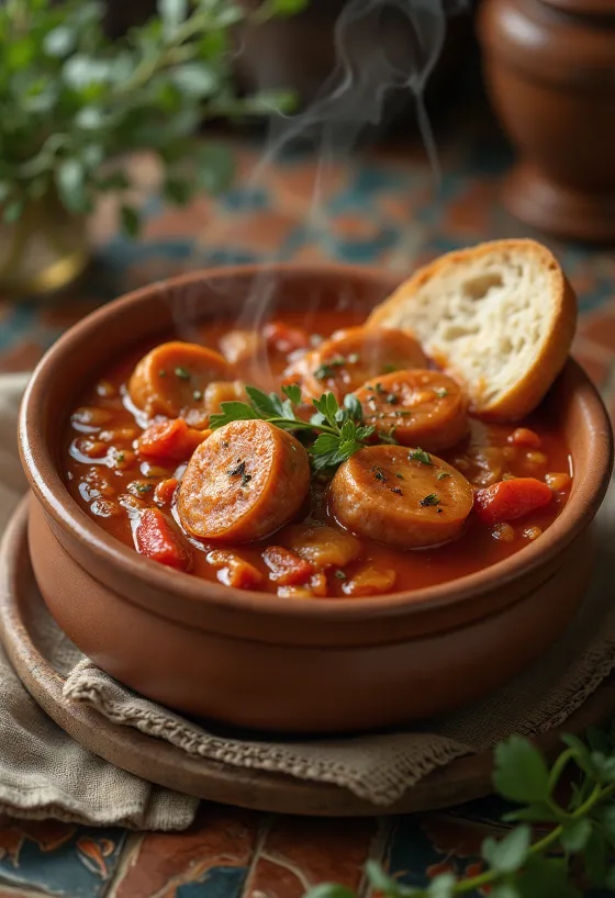 Lecsó con salsiccia servito con peperoni freschi, pomodori e salsiccia affumicata