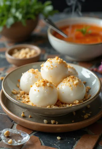 Tangyuan al coriandolo servito fresco, con scaglie di cocco e semi di sesamo