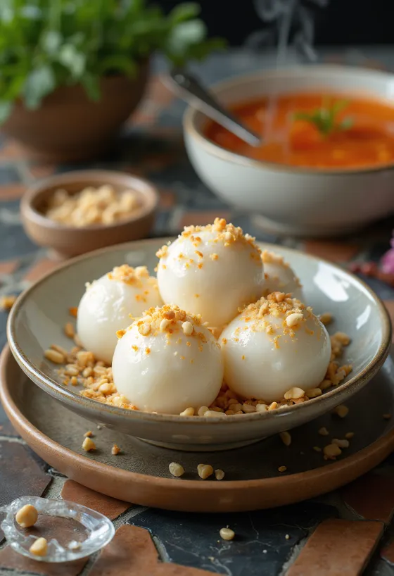 Tangyuan al coriandolo servito fresco, con scaglie di cocco e semi di sesamo