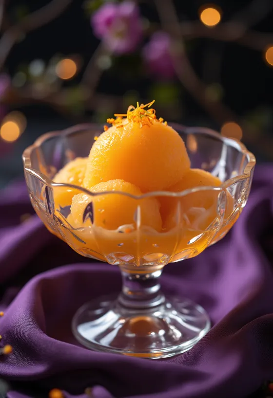 Sorbetto al mandarino arancione vivo in coppetta