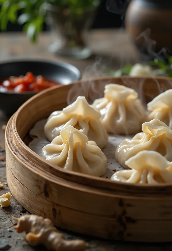 Momo al maiale serviti al vapore con verdure fresche e salsa