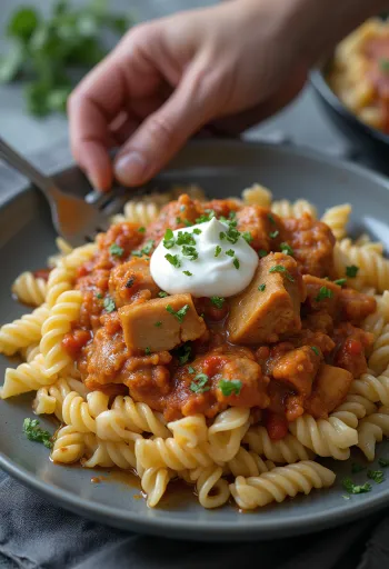 Stufato ungherese servito con pasta e panna acida