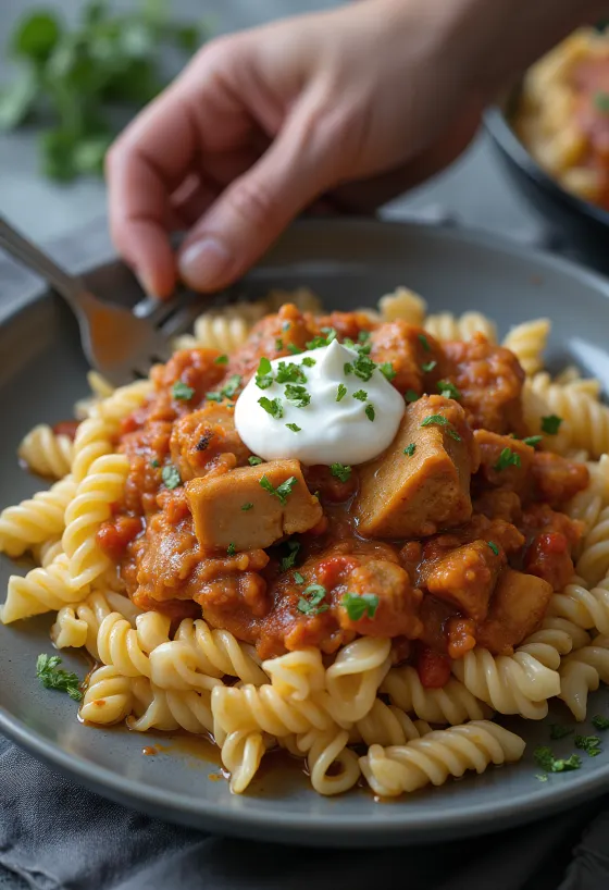 Stufato ungherese servito con pasta e panna acida