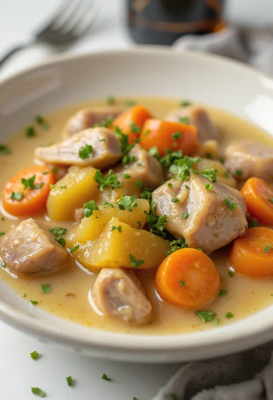 Stufato di coniglio al vino bianco con erbe servito in una ciotola rustica