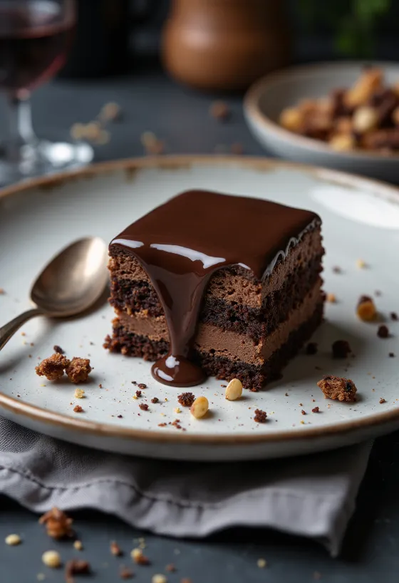 Fetta di torta Rigó Jancsi al cioccolato su piatto bianco