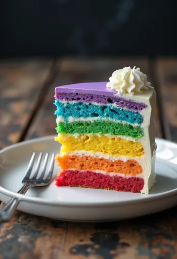 Torta arcobaleno con copertura in pasta di zucchero bianca e strati interni colorati