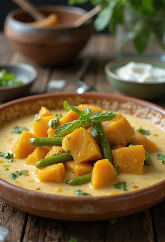 Avial servito con patate dolci e latte di cocco, con coriandolo fresco