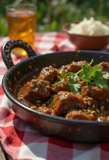 Manzo Bhuna al cumino servito, ricco curry speziato con manzo e coriandolo fresco
